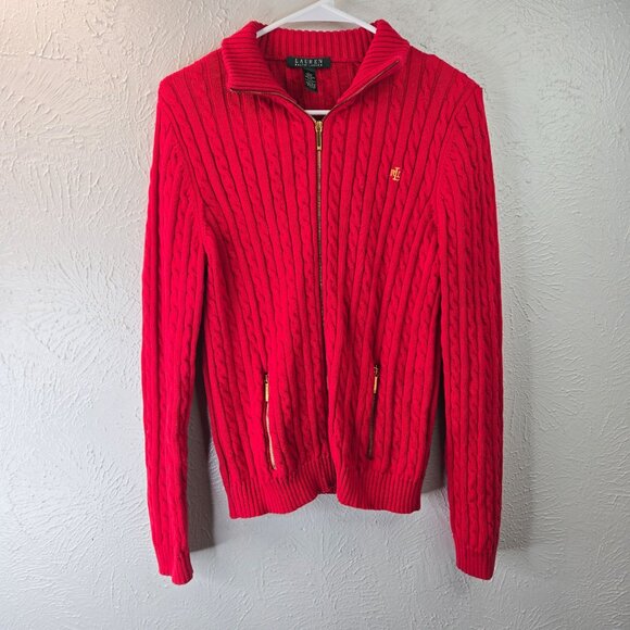 Ralph Lauren LRL Cable Knit Sweater Womens L Red Cotton Full Zip Preppy Classic - Picture 1 of 12